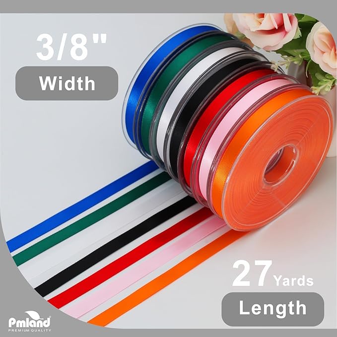 PMLAND White Fabric Satin Ribbon 3/8'' Inch x 27 Yards Double Faced Use for Crafts Gift Wrapping Floral Bouquets Ornaments Hair Bows Party Decoration