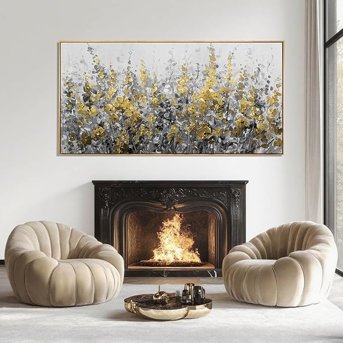 Framed Golden Floral Canvas Wall Art Large 29x58 Inch Grey and Gold Abstract Painting Textured Modern Flower Artwork for Above Couch Living Room Bedroom Home Decor