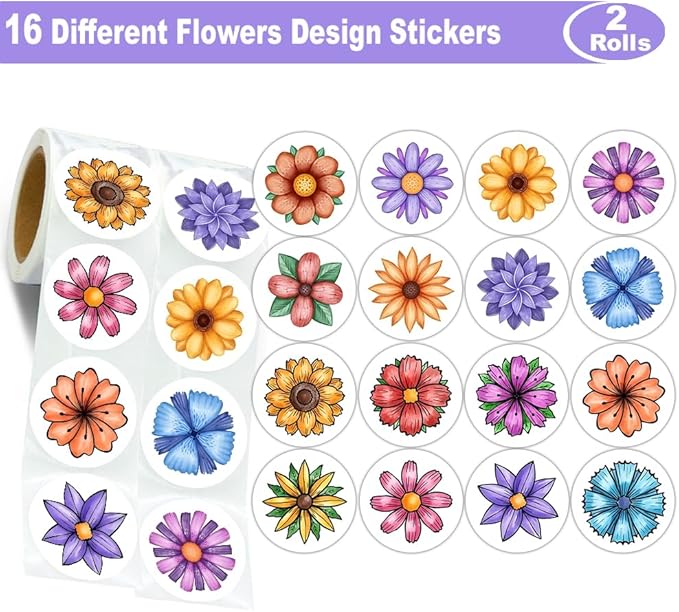 600 Pcs Flowers Stickers for Kids 1.5 Inch 16 Styles Round Flowers Stickers Roll for Girls Boys Flowers Party Favors Birthday Decoration Supplies Teachers Student Classroom Reward