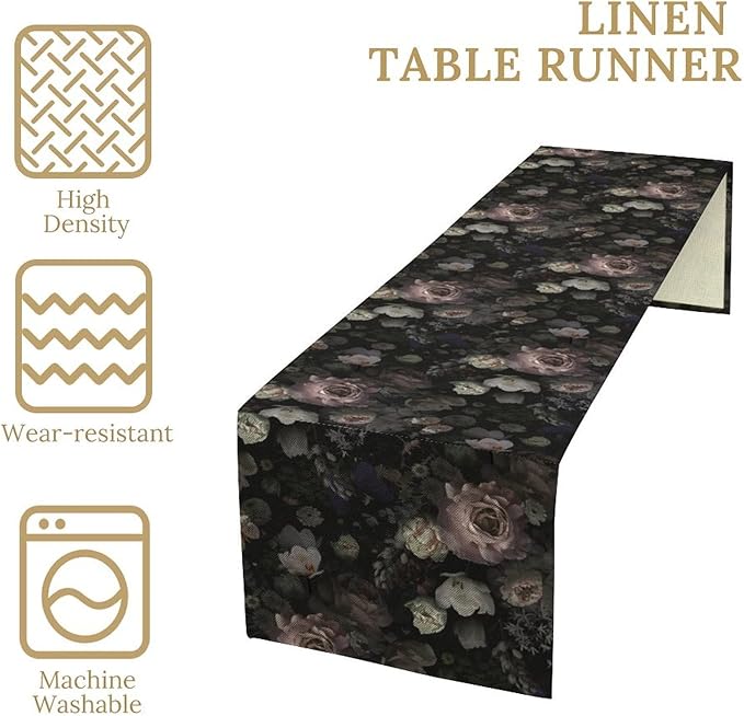Gothic Floral Table Runner,Vintage Black Pink Rose Print Table Runner for Home Kitchen Table Dining Indoor Outdoor Party Decor 13x120 Inch