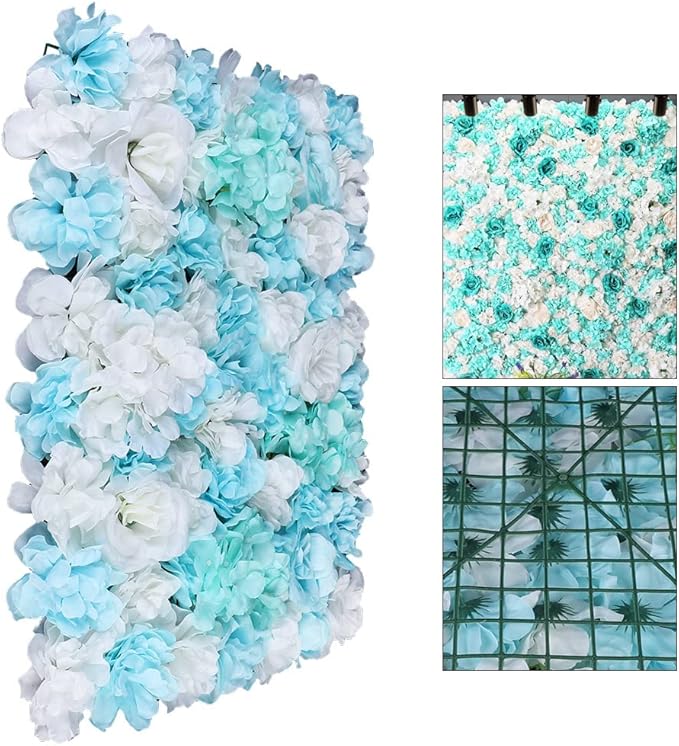 LOYALHEARTDY 12 Pack Artificial Flower Wall Panels 24" x 16" Blue & White Faux Hydrangea and Rose Artificial Flower Backdrop Panels for Wedding Party Event Flower Wall Decor