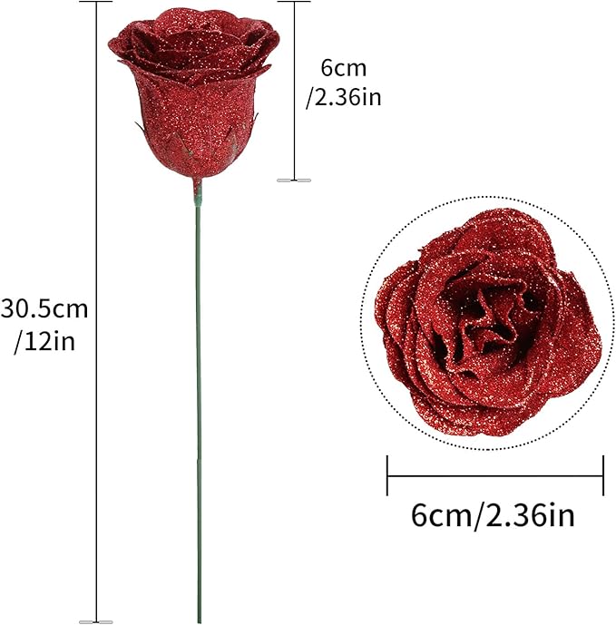 Artificial Roses, 30PCS Red Glitter Silk Roses for Wedding Bouquet, Party, Christmas, Home Decor