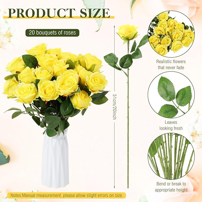 Hotop 20 Pcs Artificial Rose Flowers with Long Stem,Real Touch Silk Realistic Plastic Bouquet Roses Bulk for Home Decor Bridal Wedding Party Table Centerpieces Decorations(Yellow)