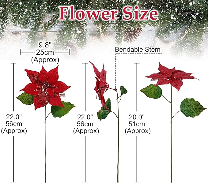 10" Poinsettia Flower Artificial for Christmas Tree Decor, 3 Pcs Faux Glitter Poinsettias Stems for DIY Xmas Wreath & Garland, Christmas Ornaments for Home Party & Holiday Decorations, Dark Red