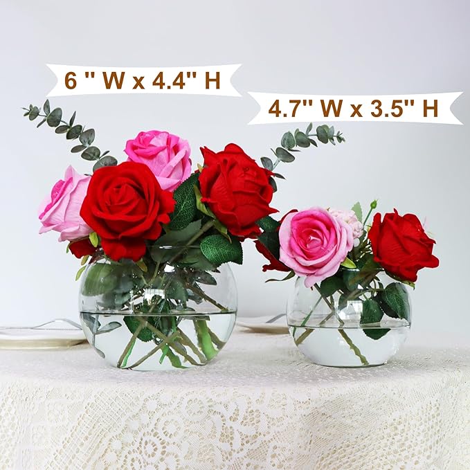Set of 4 Clear Glass Vases, 6” W x 4.4” H, Round Candle Holders, Bubble Bowl, Flower Vases with Sponge Brush, Decorative Centerpieces for Wedding Home Decor