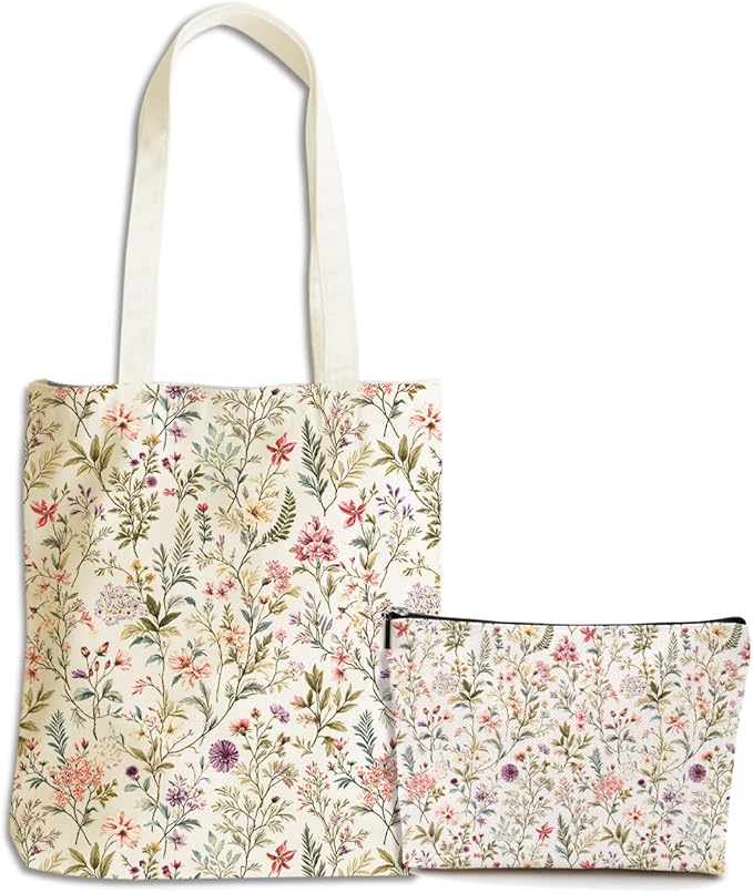 Flower Plant Lover Gifts for Women Canvas Tote Bag with Makeup Bag Cosmetic Bags Grocery Bags for Shopping Christmas