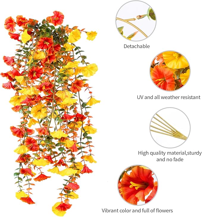 Artificial Flowers for Outdoors Fall Hanging, 4-pack Artificial Morning Glory includes 180 Flowers, Uv-Resistant Faux Silk Fake Realistic Plants for Home Garden Porch Patio Balcony Planter Yard