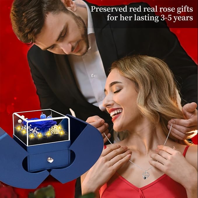 Gifts for Mom from Daughter and Son, Unique Mother Birthday Gift Idea, Preserved Blue Real Roses with I Love You in 100 Languages Mom Necklace, Cool Present to Mother Mama-Blue