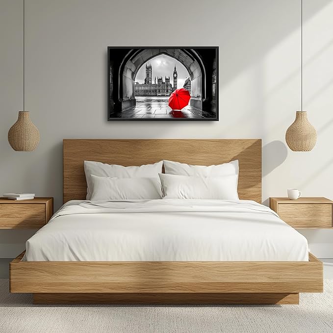 London City Large Wall Art Black and White Framed Red Wall Decor for Living Room, Big Ben Pictures Oversized Canvas Print Painting Modern Extra Large Framed Artwork for Bedroom Office 36"x24"