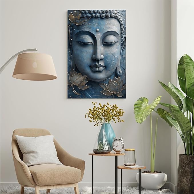 Canvas wall art Golden lotus crown Serene Buddha poster Ethereal blue toned art with delicate floral decor Zen wall art for a tranquil meditation space 32x48in Frameless