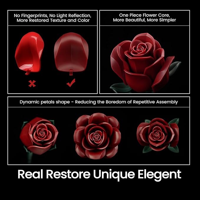 iATOM Burgundy Red Rose Bouquet Building Set, Artificial Flowers Botanical Collection Kit for Adults Women, Gift for Christmas and Valentines Day - Gothic Home Office Table Centerpiece Decor - IA11016