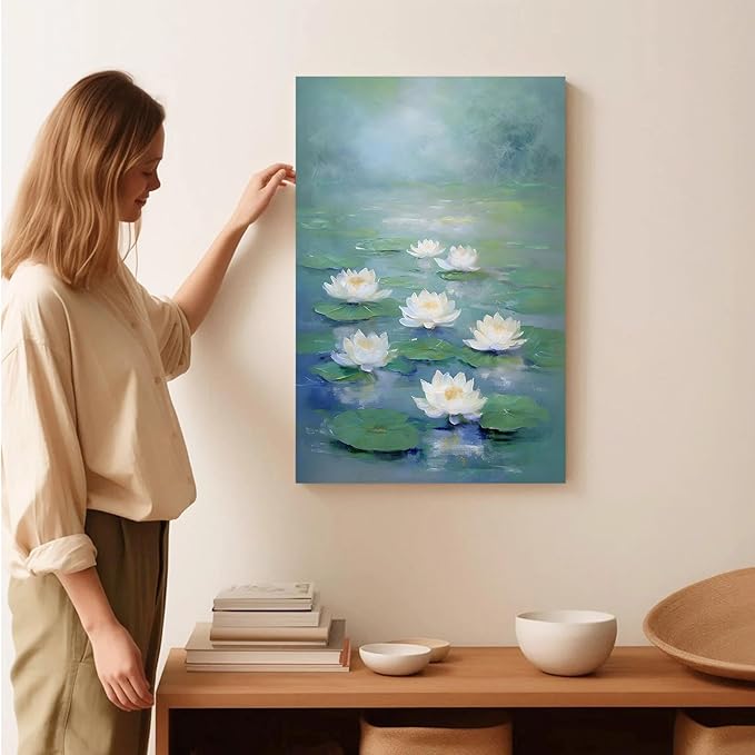 Zen wall art Delicate white lotus flower floating on calm water Vintage oil painting print Serene aquatic wall art creates a tranquil home decor 8x12in Wood Framed
