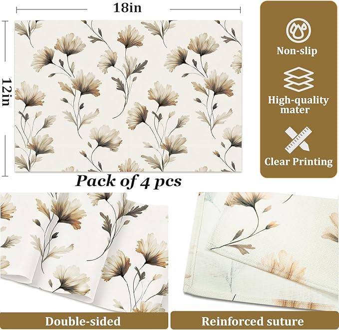 Linen Fabric Floral Placemats Set of 4 Vintage Table Mats with Beige/Brown Botanical Design, Heat-Resistant Tabletop Place Mats 12x18 in Backing for Picnic Kitchen and Dining Decor for Indoor