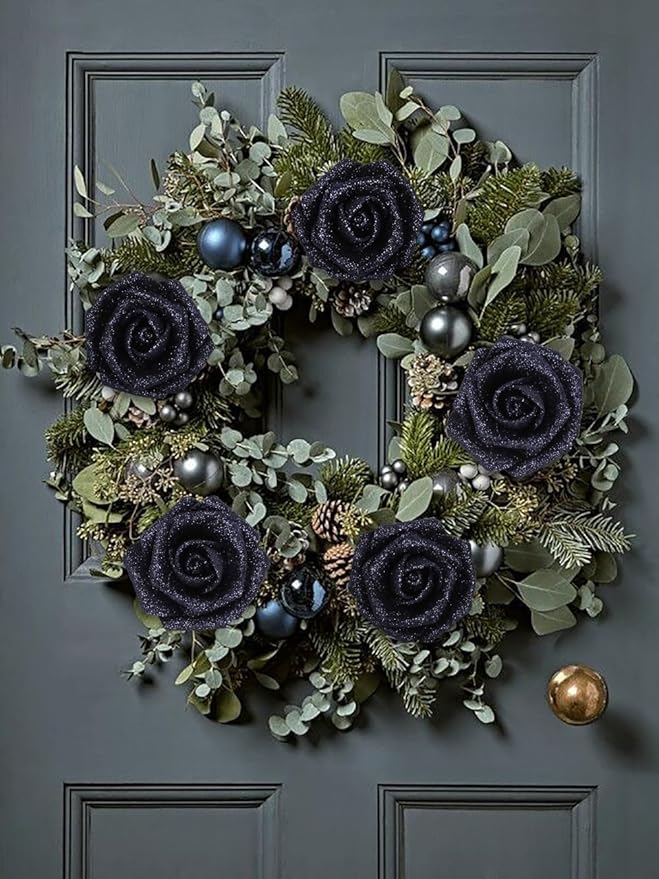 Glitter Roses 30pcs 2.56" Artificial Grey Black Roses with Stems for Baby Shower Decorations