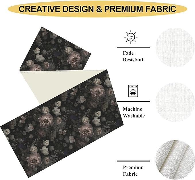 Gothic Floral Table Runner, Black Pink Rose Boho Vintage Art Print Linen Table Center Decor Family Kitchen Outdoor Farmhouse Holiday Party Table Decorations 13x36 inch