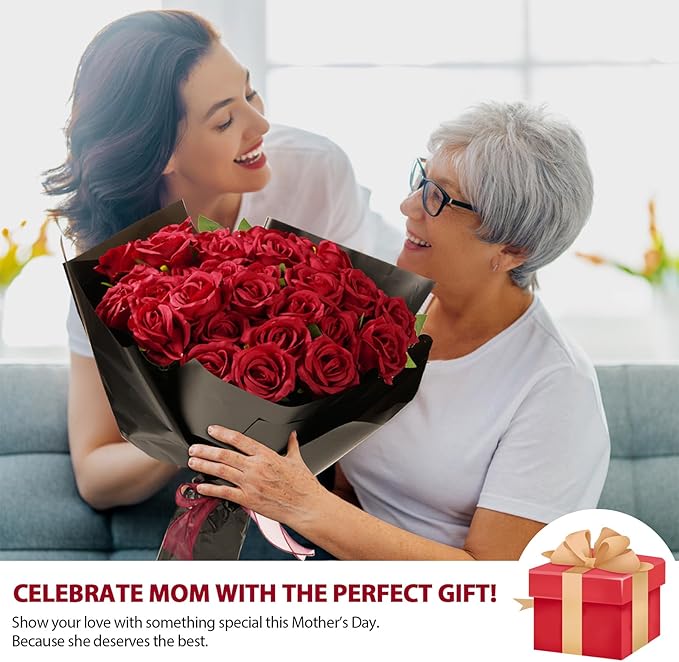 Red Roses Artificial Flowers Bulk, 52Pcs Fake Roses Flower Arrangement, DIY Silk Flowers Roses Bouquet, Realistic Faux Artificial Roses for Mother's Day Home Table Decor