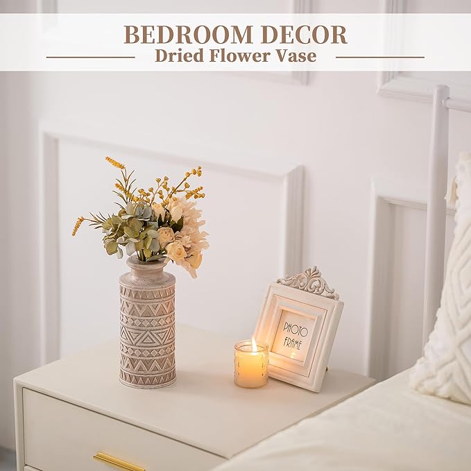 Hanobe Boho Vases Home Decor: Rustic Farmhouse Wood Vase for Living Room Kitchen Dining Table Centerpiece Aesthetic Carved Patterns Fall Decorations Bathroom Bedroom Office Accents