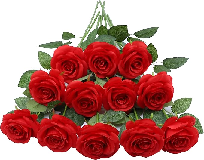 12pcs Roses Artificial Flowers Red Fake Flowers with Long Stems Silk Flowers for Wedding Bouquet Centerpices Decorations Party Bridal Baby Shower Home Decor