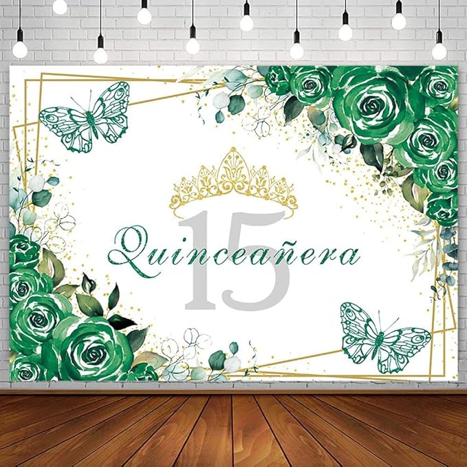 Sendy 7x5ft Quinceañera Backdrop Mis Quince 15 Anos Birthday Party Decorations Supplies for Girl Princess Green Floral Butterfly Gold Crown Photography Background Banner Photo Booth Studio Props