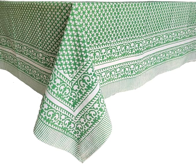 ATOSII Queen Green 100% Cotton Tablecloth, Handblock Print Rectangle Table Cover for Kitchen Dining I Tabletop Linen I Parties, Thanksgiving, Christmas, Wedding, Fall Table Cloth 60 X 90 Inches