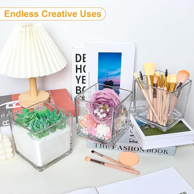 Set of 4 Square Glass Vases 5" x5" x 5", Clear Cube Flower Vases for Wedding Centerpieces, Candle Holders for Home Decor Party Events Ceremony