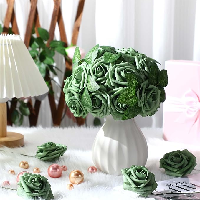 100 Pieces Artificial Foam Rose Flowers Faux Bouquet with Leaves and Stems for DIY Wedding Bouquets Centerpieces Bridal Shower Party Valentine Home Decorations(Elf Green)