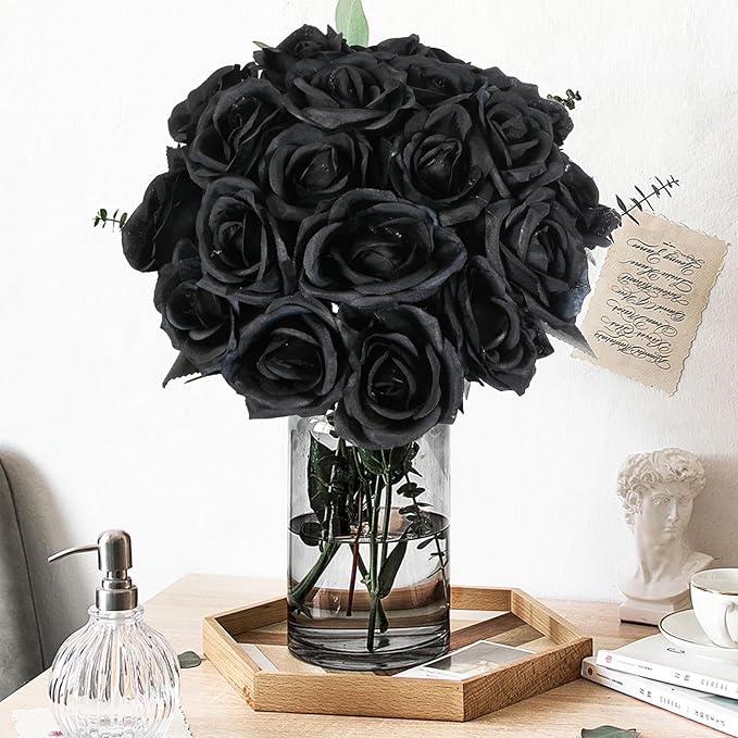20PCS Artificial Roses with Long Stems - Realistic Silk Flowers, Fake Roses Real Touch Bouquet of Roses for Home Decor, Bridal Wedding Party Table Centerpieces, Bulk Faux Rose Flowers (Black)