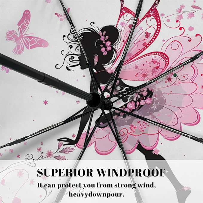 Windproof Travel Umbrella Pink Flower Butterfly Girls Compact Auto Open/Close Folding Umbrellas for Rain