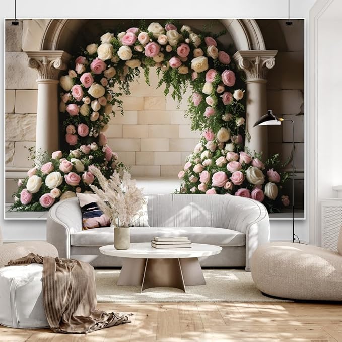 7x5ft Retro White Pink Floral Backdrop Spring Flowers Arch Vintage Palace Wall Photography Background for Wedding Mothers Day Valentines Day Bridal Birthday Princess Couples Portraits