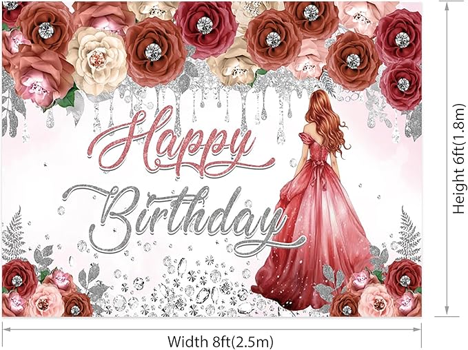 AOFOTO Happy Birthday Backdrop Red Beige Pink Rose Floral Diamond Print Photography Background for Women Girls Birthday Party Banner Home Wall Decor Photo Studio Booth Props 8x6ft