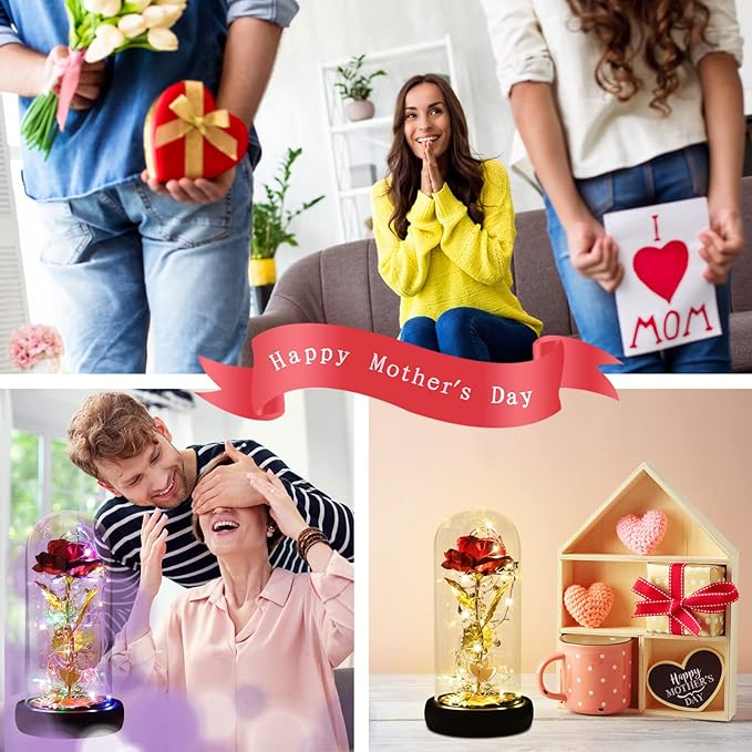Beauty and The Beast Rose, Birthday Gifts for Women, Glass Dome Glowing Rose, Eternal Rose Blessing Christmas Flowers Gift for Mother,Grandmother,Wife, or Girlfriend