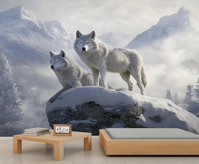 Arctic Wolves Wall Mural, Snow Wolves in Mountain 3D Wall Murals, Winter Wild Animal Wallpaper Mural, for Living Room Bedroom Large Wallpaper Indoor Decor 137.8" W x100 H