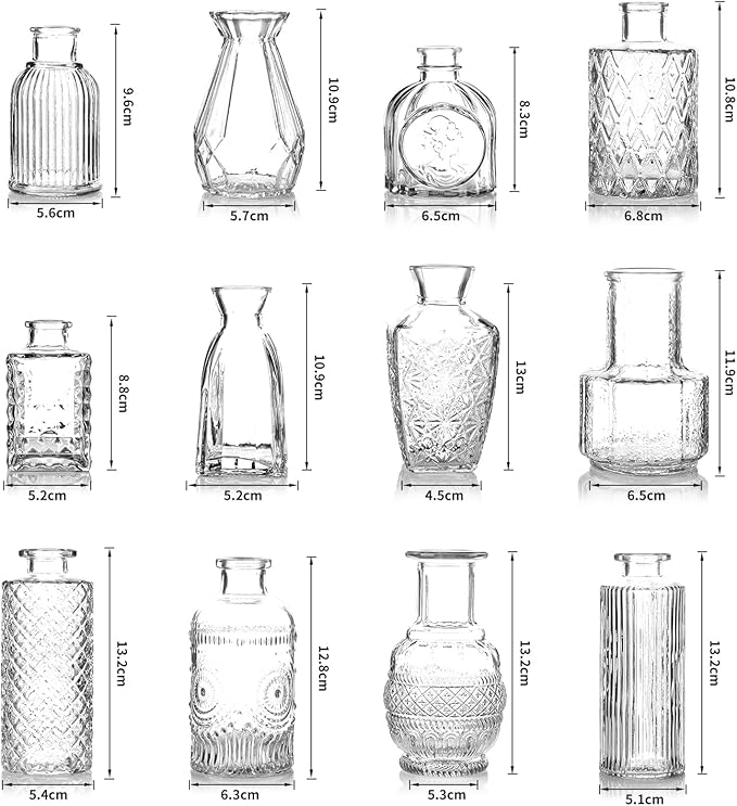 Bud Vases Set of 12, Small Mini Glass Vases for Centerpieces - Elegant Vintage Style - Perfect for Table Decor, Wedding, Party Centerpieces - Great Gift for Home Decor Lovers (Clear)
