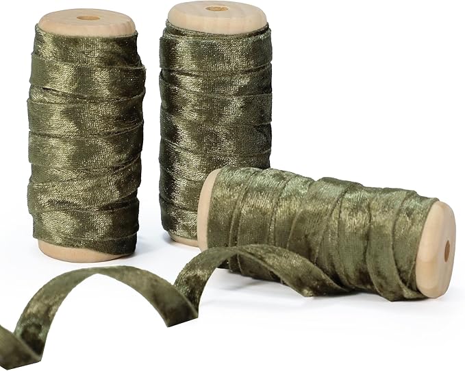Velvet Green Ribbon Double-Sided Handmade Glossy Fabric Trim Wooden Spool Thin Ribbons for Christmas Tree Gift Wrapping Crafts Wedding Flower Bouquet 3/8 inch x 5YD 3 Rolls