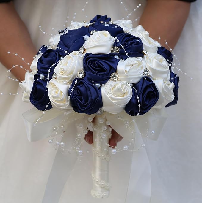 Bridal Wedding Bouquet Round Bling Brooch Bouquet Throw Toss Artificial Rose Flower Bunch for Bride Bridesmaid Wedding Quinceanera(Navy Blue & Ivory, 9.8")