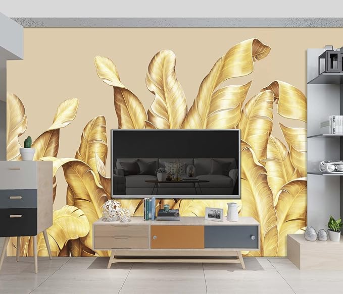Gold Banana Leaf Botanical 3D Wallpaper Bedroom Tropical Plant murals Aesthetic Room Decor Living Room tv Background Large Wall Mural - 160"x108" Not Peel and Stick
