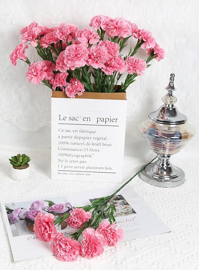 IPOPU Pink Carnations Artificial Flowers 6PCS 30 Heads Silk Carnations 27.56in Artificial Flowers with Stems for Wedding Home Table Centerpieces Floral Arrangements(Pink)