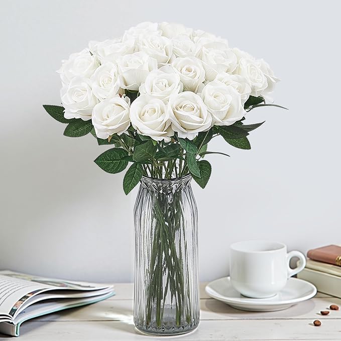 VEVOR Artificial Flowers, 60 pcs Real Looking White Foam Fake Roses Bulk, White Faux Bridal Shower with Stems for DIY Wedding Bouquets, Home Centerpieces Arrangements, Party Tables Decorations