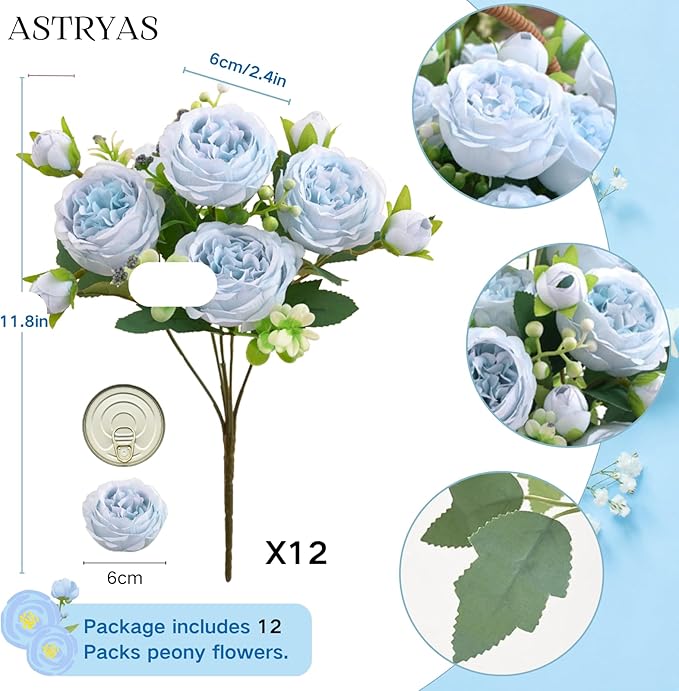 ASTRYAS 12Pcs Blue Artificial Flowers, Fake Peonies Silk Peony Faux Flowers for Decoration DIY Bridal Bouquet Centerpiece Table Wedding Party Home Decor Floral Arrangement(Blue)