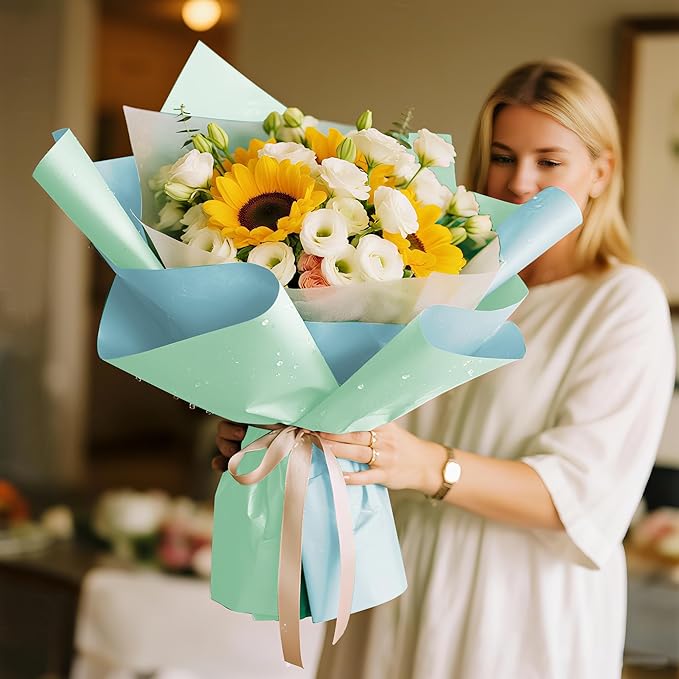 WRAPAHOLIC 20 Sheets Flower Wrapping Paper - 22.4 x 22.4 inch Misty Blue Color Water-Resistant Floral Bouquet Wrapping Paper, Florist Supplies Packaging for Wedding Birthday Gift DIY