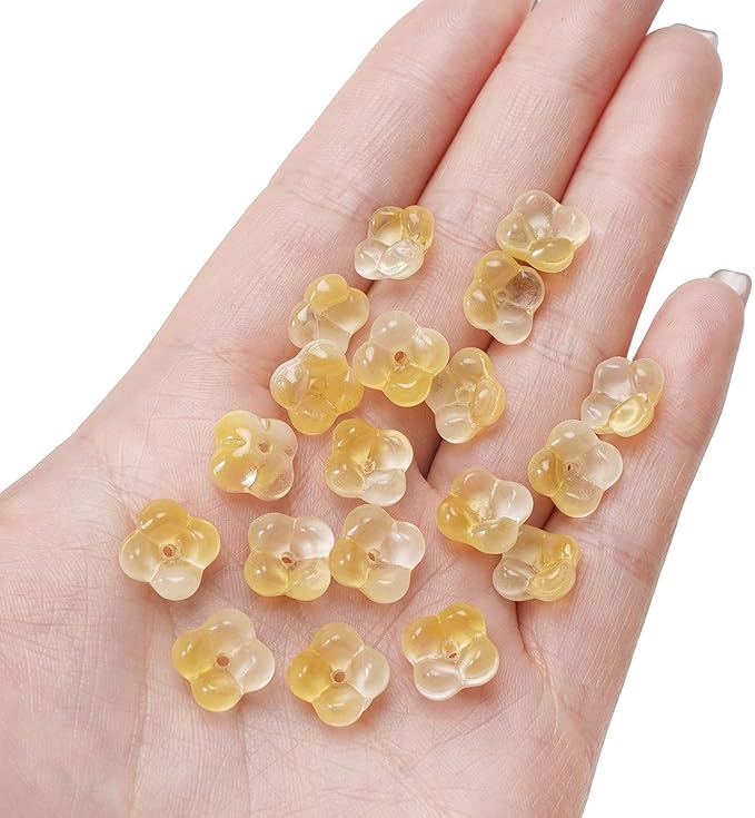 100PCS Glass Flower Beads for Jewelry Making 4 Petal Flower Bead Caps Gradient Cute Floral Beads Aesthetic Charms for Necklace Bracelets Earrings DIY Craft Home Decoration-Yellow