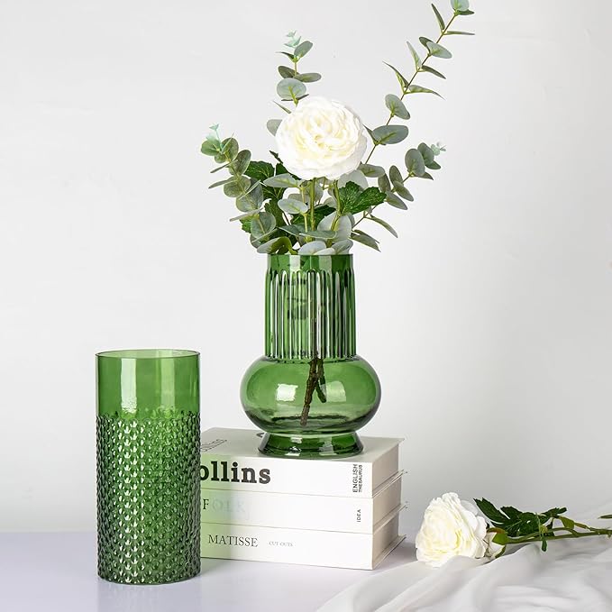 Green Glass Cylinder Vase for Flowers, 8.7" x 4" Thickened Votive Candle Holder Modern Hydroponic Ornament for Home Living Room Wedding Centerpieces Office Table Decor