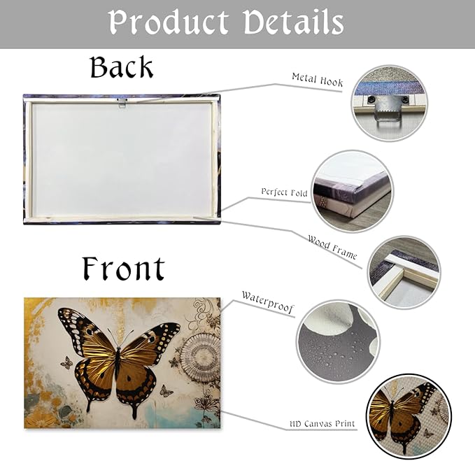 KPLUNDO Butterfly Wall Art Abstract Flower Picture Gray Gold Poster Vintage Painting Modern Artwork Home Decor for Living Room Bedroom Office Wall Decoration Ready to Hang(Art-3,16.00x24.00 inch)