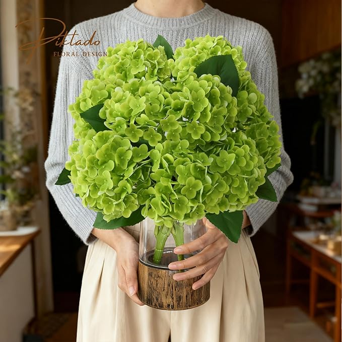 A Bunch 20in， Real Touch Hydrangea Artificial Flowers， with 5pcs Flower Head 8pcs Leaves， Faux Hydrangea Flowers for Home Office Decor Wedding Party Arrangements (1, Green)