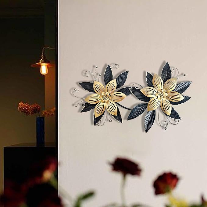 LIFFY Black Gold Metal Flowers Wall Decor,15" 3D Multi-layer Modern Floral Art, Rustic Distressed Hanging Decor for Indoor, Bedroom Living Room Garden Patio, Home Decoration Accent