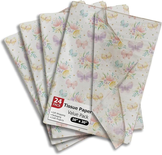Pro Supply Global Butterflies Printed Tissue Paper for Gift Bags or Boxes and Wrapping - Spring Floral Bulk Decorative Art Tissue Paper for Packaging and Gifting | 24 Sheets 20" x 30"