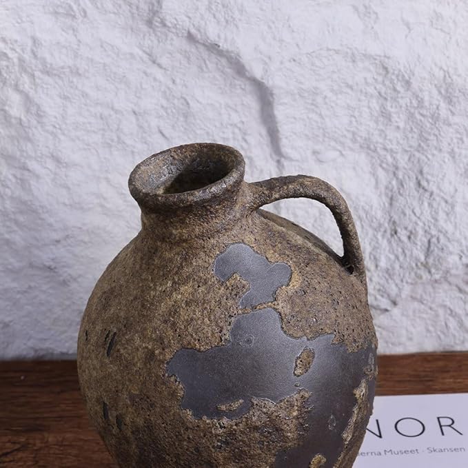 Wabi Sabi Decor Rustic Vase with Handle, Distressed Farmhouse Vase for Home Decor, Vintage Pottery Terracotta Vases for Home Decor, Living Room, Kitchen, Bedroom, Shelf, and Table Centerpiece