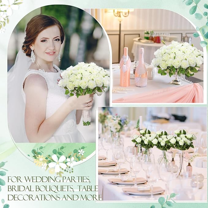 Hotop 120 Pcs Roses Artificial Flowers in Bulk,Long Stem Artificial Flower Bouquet,Silk Real Touch Fake Rose for Wedding Party Table Centerpieces Decor Valentines Gifts(White)