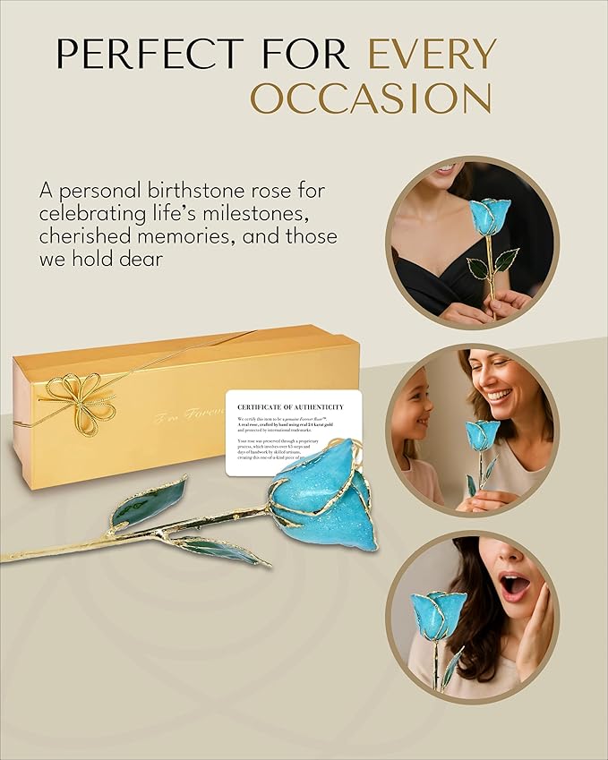 Forever Rose Hand-Dipped in 24K Gold, Aquamarine-Inspired March Birthstone with Sparkles, Real Rose in Luxury Gold Gift Box – Perfect Ready to Gift for March Birthday or Any Occasion