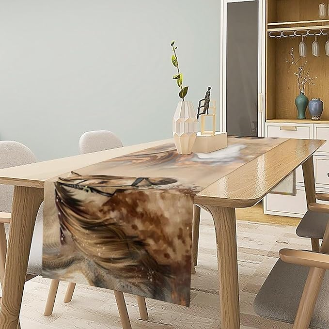 Marble Horse Table Runner, Dark Brown Marble Abstract Horse White Gold Natural Texture Dinner Runner Table Decoration for Home Kitchen Dining Holiday Party 13x36in